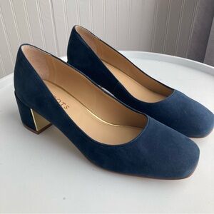 Talbots Indigo Blue Claire Block Heel Pumps Suede Gold Size 6M Women’s Shoes